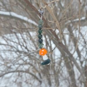 Moss Agate and Orange Mushroom Beaded Keychain